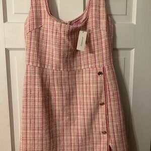 Pink Plaid Womens Dress with Button Detail